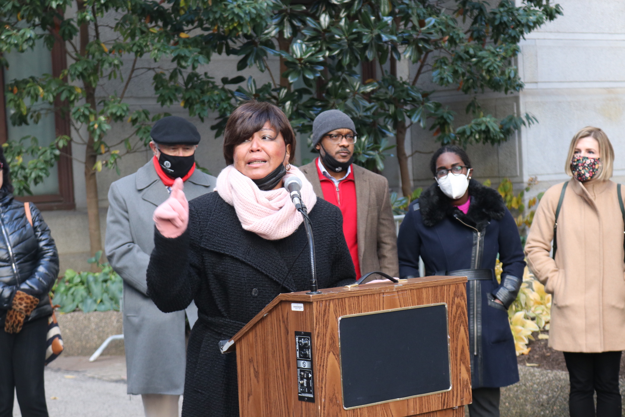 Councilmember María Quiñones-Sánchez speaks at the launch press conference for the People Over Politics Petition. Photo: Nigel Thompson/AL DÍA News.