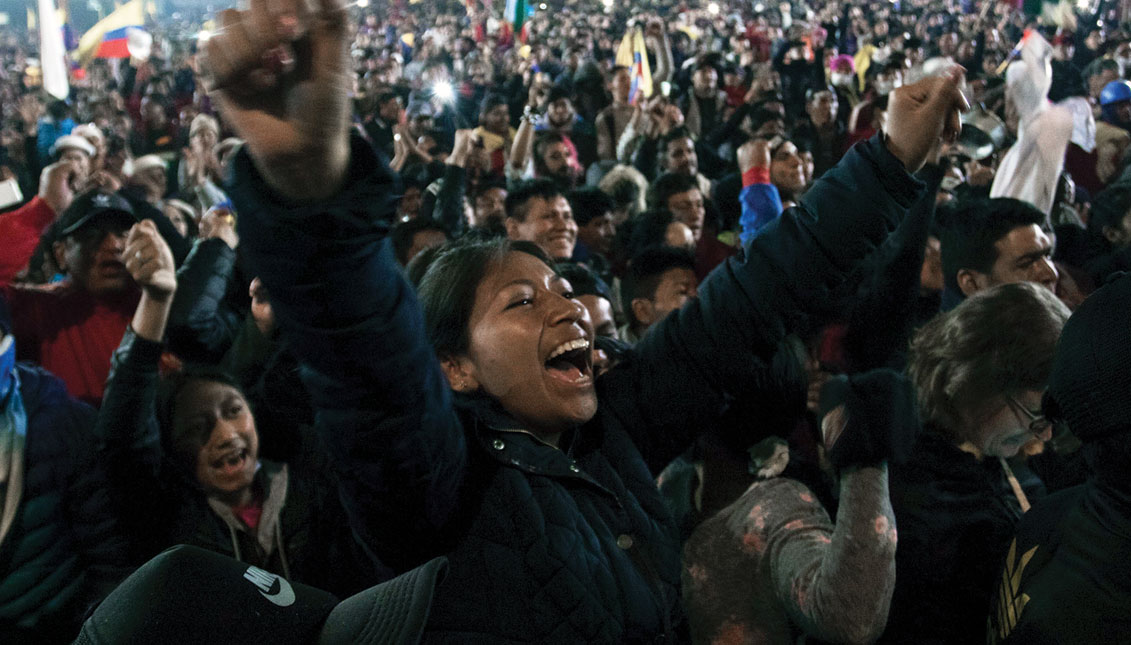  Indigenous groups celebrate the repeal of Law 883 after the first meeting of CONAIE and the Ecuadorian Government to resolve the crisis on October 13, 2019 in Quito, Ecuador. in New York City.  (Photo by Jorge Ivan Castaneira Jaramillo/Getty Images)