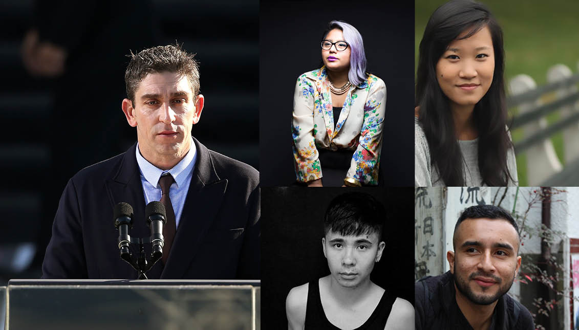 Photos: Richard Blanco, Sonia Guiñansaca, Jenny Xie, Ocean Vuong, and Javier Zamora. Credits below. 