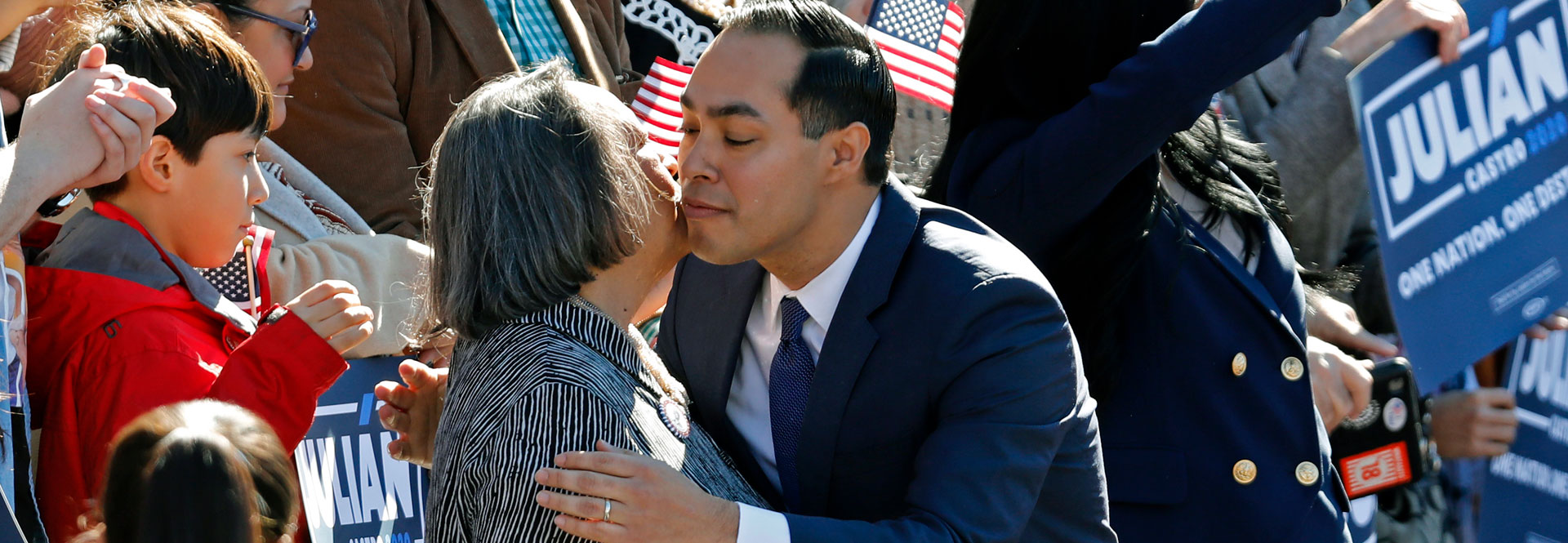 Julián Castro hugs his mother, Rosie Castro, before announcing his candidacy for president in 2020, at Plaza Guadalupe on January 12, 2019 in San Antonio, Texas. Photo: Getty Images