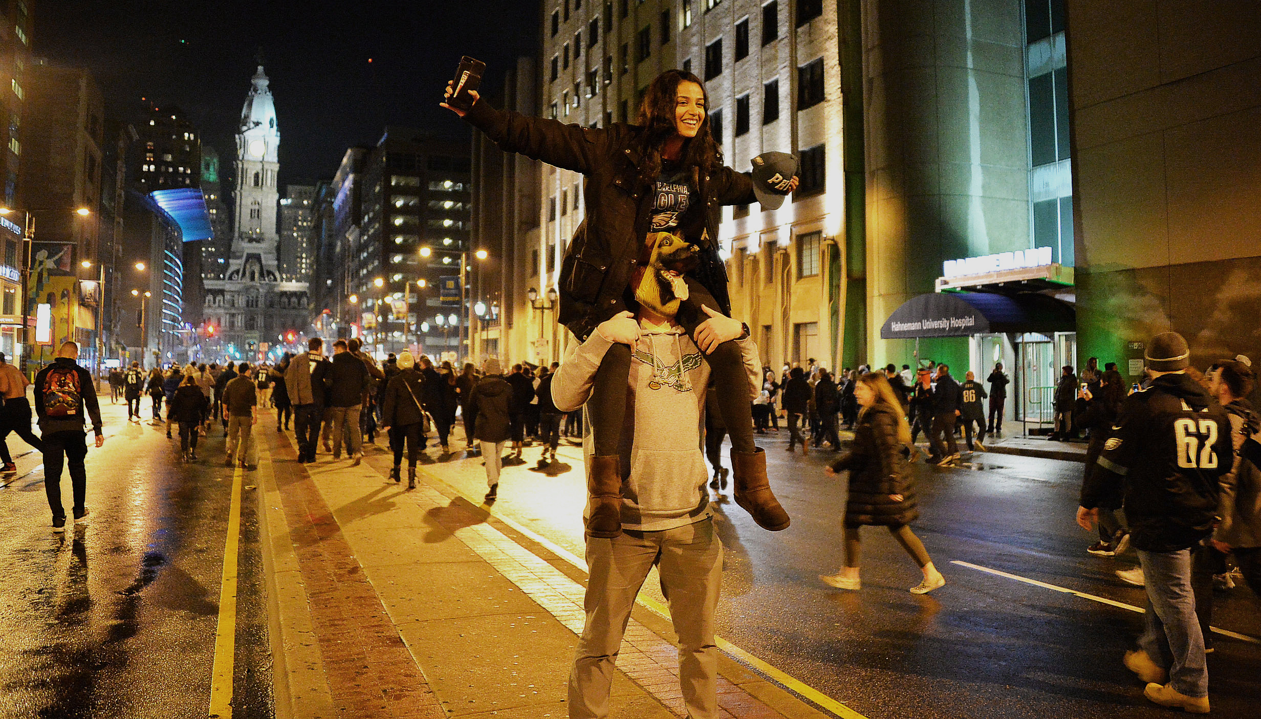 Fans celebrate after the Philadelphia Eagles won the Super Bowl LII, in Philadelphia. Peter FItzpatrick