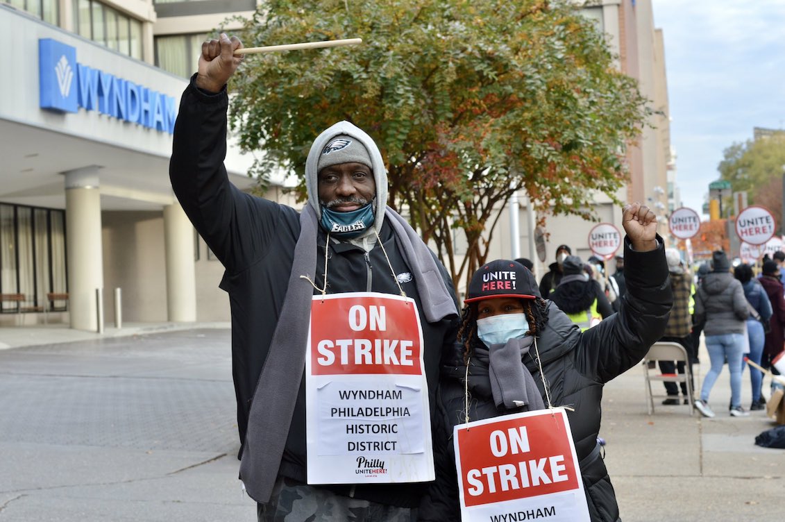 The strike began with a walkout at the Wyndham Philadelphia Historic District Hotel. Photo: Twitter- @UNITEHEREPhilly