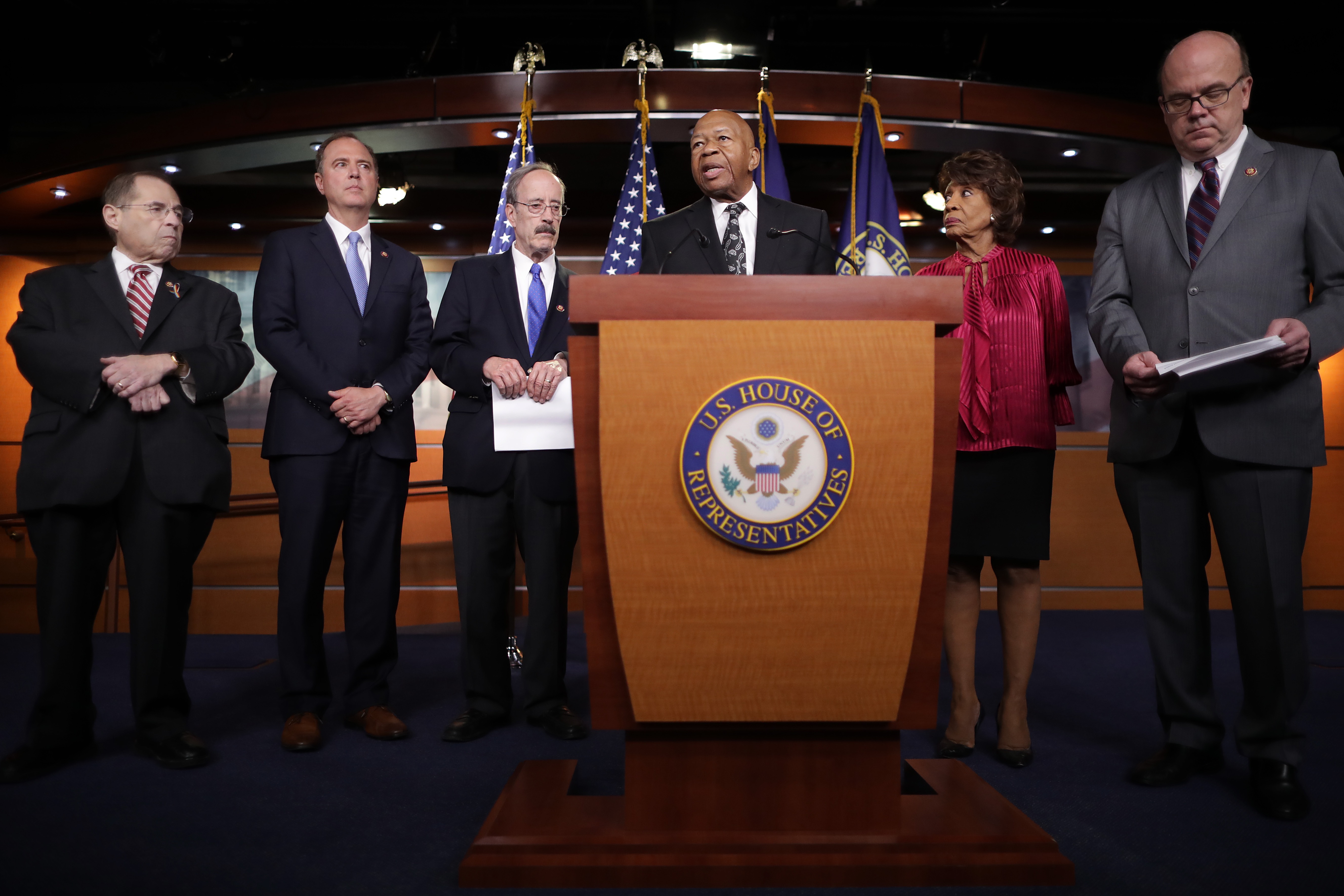  House Judiciary Committee Chairman Jerrold Nadler (D-NY), Intelligence Committee Chairman Adam Schiff (D-CA), Foreign Affairs Committee Chairman Eliot Engel (D-NY), House Oversight and Government Reform Committee Chairman Elijah Cummings (D-MD), Financial Services Committee Chairwoman Maxine Waters (D-CA) and Rules Committee Chairman Jim McGovern (D-MA) hold a news conference at the U.S. Capitol June 11, 2019 in Washington, DC. Photo by Chip Somodevilla/Getty Images