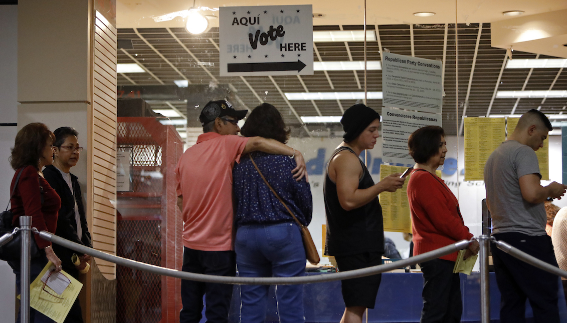 SAN ANTONIO, TX - MARCH 03: Voters wait in line to cast their ballots on March 3, 2020 in San Antonio, Texas. (Photo by Edward A. Ornelas/Getty Images)