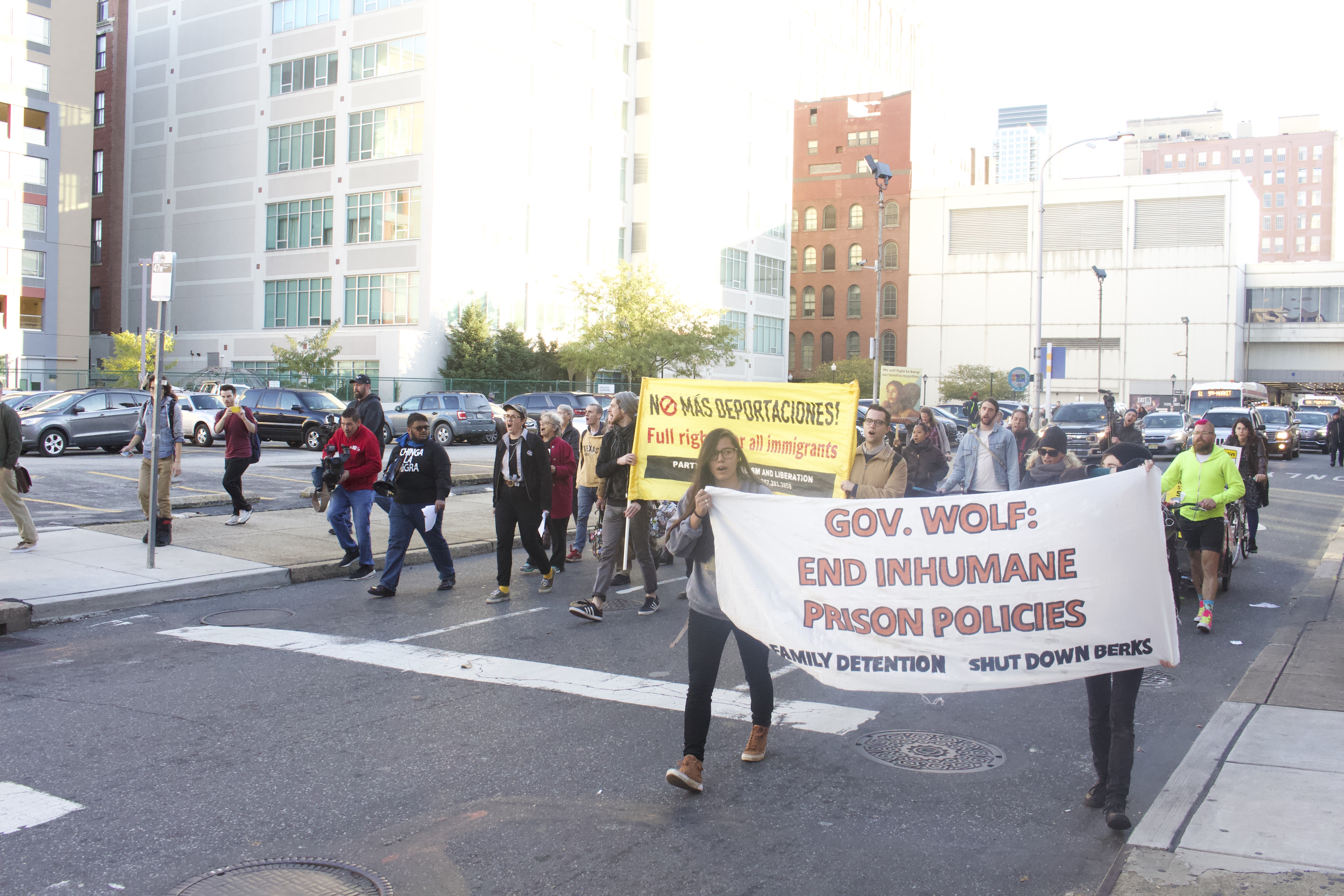 Protesters march through center city Philadelphia.