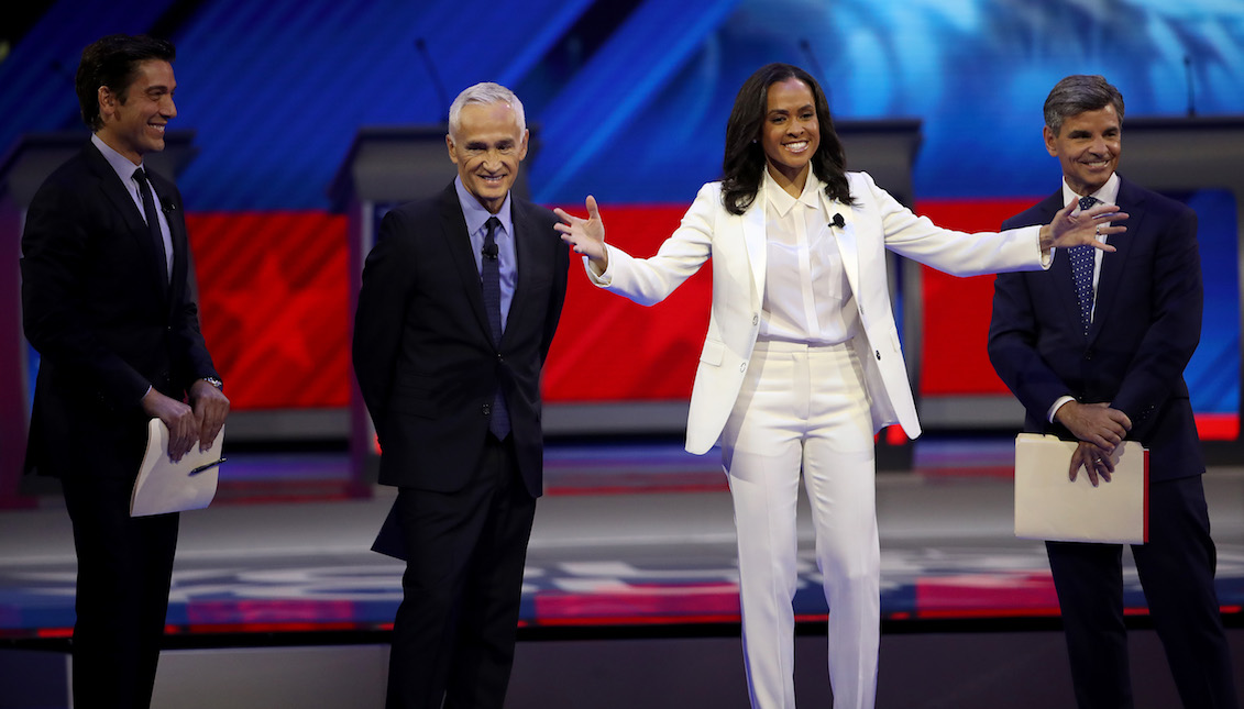 HOUSTON, TEXAS - SEPTEMBER 12: Debate moderators David Muir of ABC News, Jorge Ramos of Univision, Linsey Davis of ABC News, and George Stephanopoulos of ABC News appear on stage before the Democratic Presidential Debate at Texas Southern University's Health and PE Center on September 12, 2019, in Houston, Texas. (Photo by Win McNamee/Getty Images)