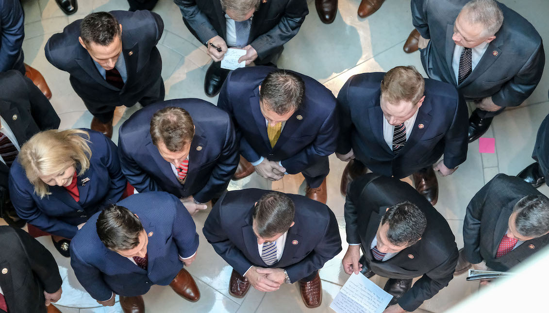 WASHINGTON, DC - OCTOBER 23: House Republicans listen and take notes during a press conference on Capitol Hill on October 23, 2019 in Washington, DC. (Photo by Alex Wroblewski/Getty Images)