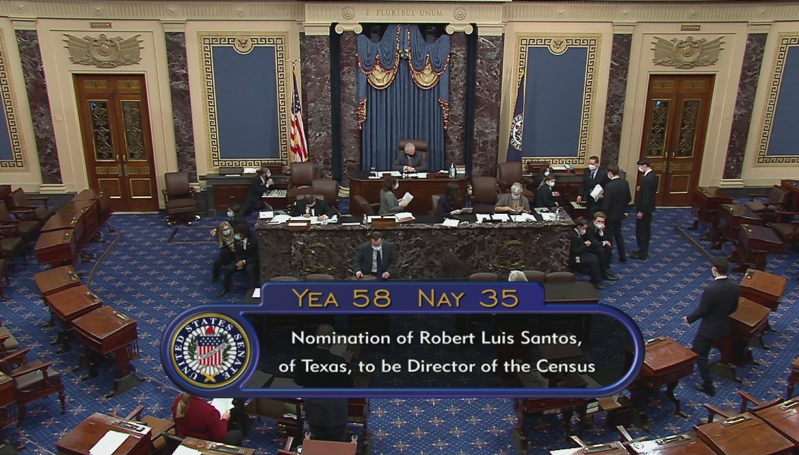 Video capture of the moment Robert Santos is confirmed as Census Bureau director by the Senate. Photo: Twitter 