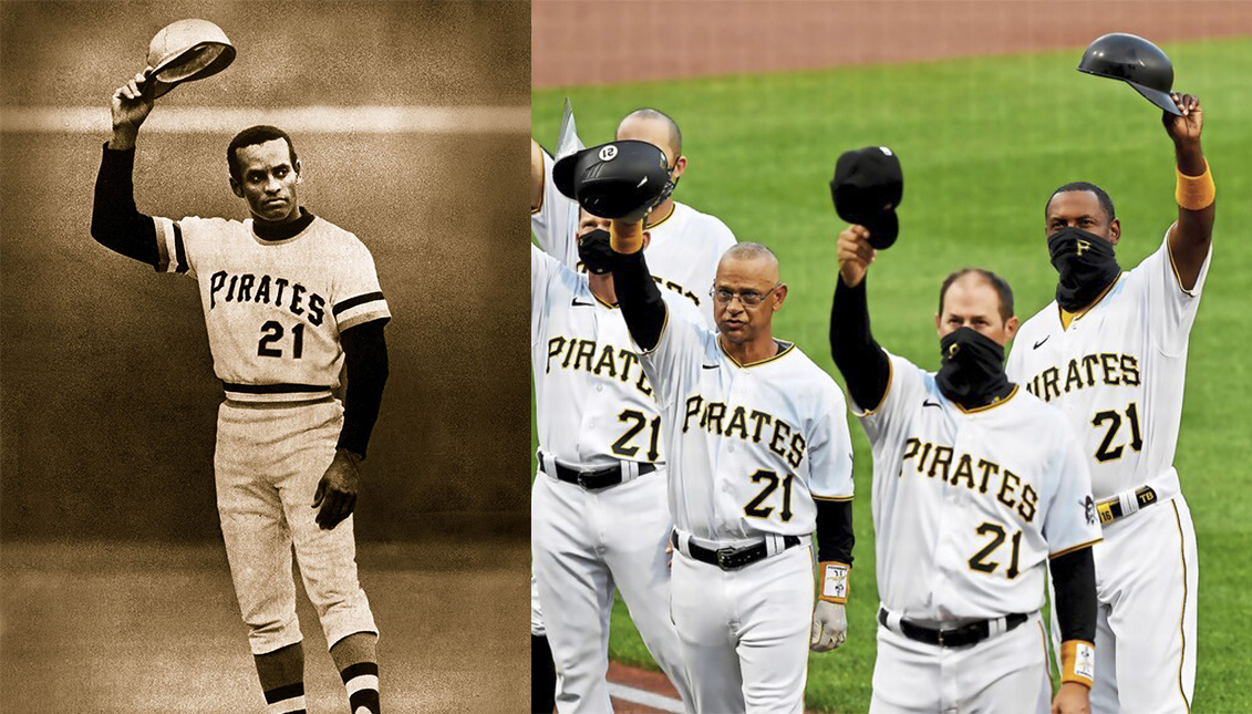 (Izquierda) Roberto Clemente. (Derecha) Homenaje de los Pirates al mítico jugador boricua. Photo: El Nuevo Día. 