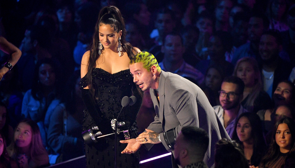 NEWARK, NEW JERSEY - AUGUST 26: ROSALÍA and J Balvin onstage during the 2019 MTV Video Music Awards at Prudential Center on August 26, 2019, in Newark, New Jersey. (Photo by Mike Coppola/Getty Images for MTV)