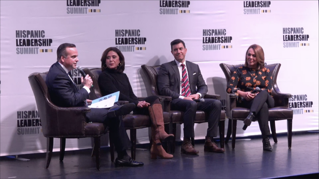 Jorge Plasencia, co-Founder, chairman & CEO of Republica Havas, moderates a discussion with Emma Carrasco, Tom Llamas and María Elena Salinas. Photo: Screenshot of the 2021 Hispanic Leadership Summit. 