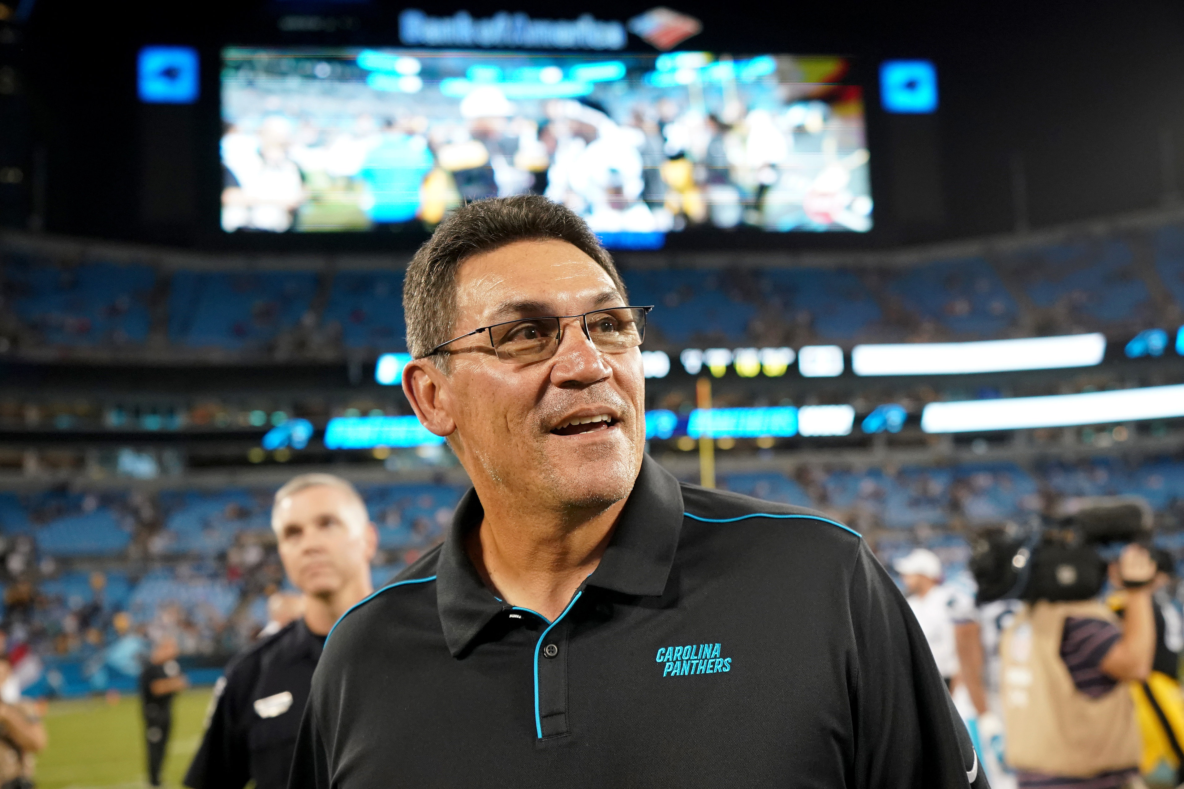 Head coach Ron Rivera of the Carolina Panthers walks off the field after their preseason game against the Pittsburgh Steelers at Bank of America Stadium on August 29, 2019 in Charlotte, North Carolina. (Photo by Jacob Kupferman/Getty Images)