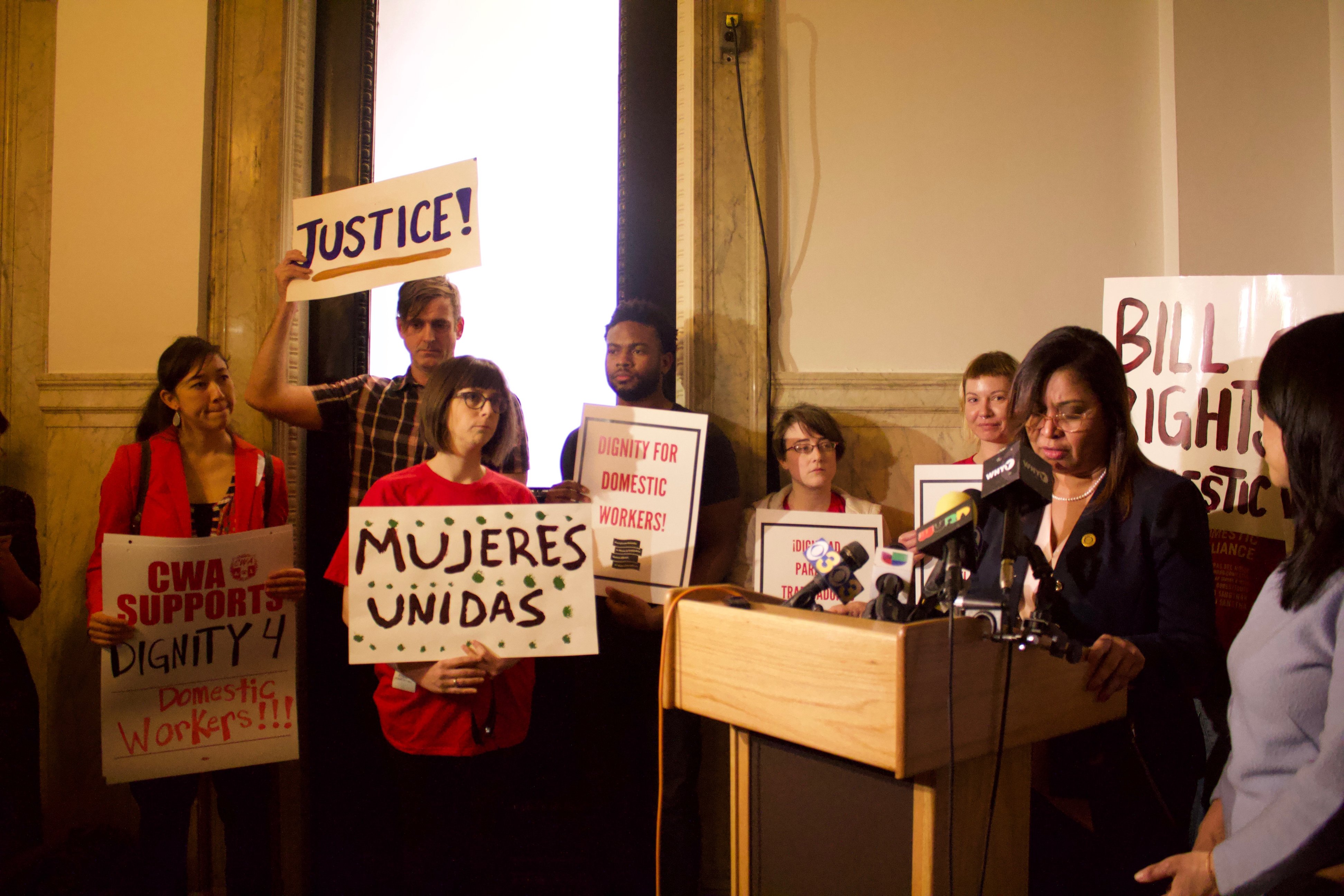 City Councilwoman Maria Quiñones-Sánchez announces the resolution which will allow the City Council to hold hearings on a Domestic Workers Bill of Rights on March 14 at Philadelphia City Hall. Photo: Emily Neil / AL DÍA News