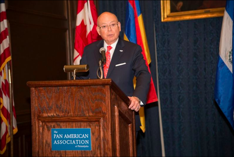 PAAP President Romy Diaz speaks on Pan America Day 2019. The annual awards held by the Pan American Association of Philadelphia luncheon was canceled this year because of COVID-19. Photo: Pan American Association of Philadelphia
