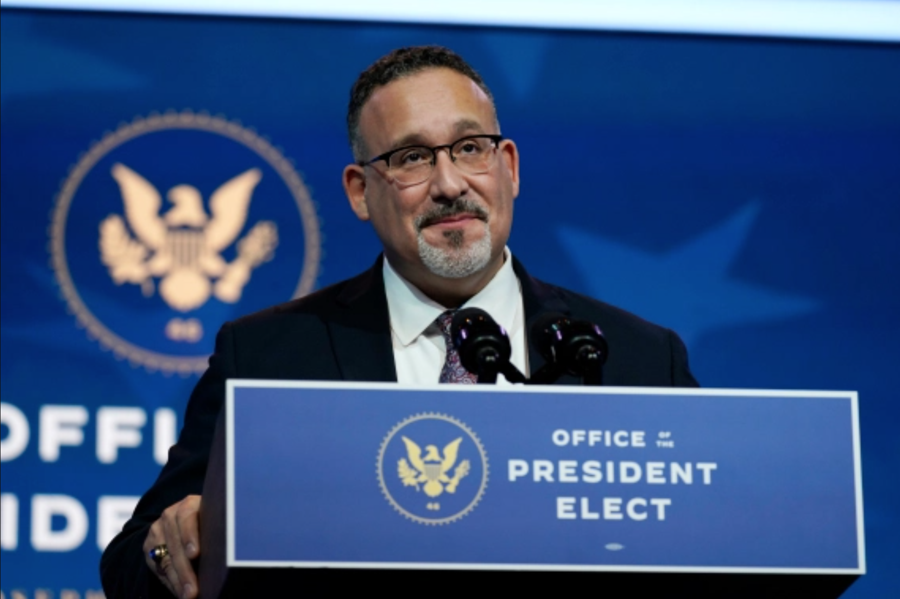 Former teacher and principal, Cardona is a stark contrast to Betsy Devos. Photo: Carolyn Kaster/AP Photo 
