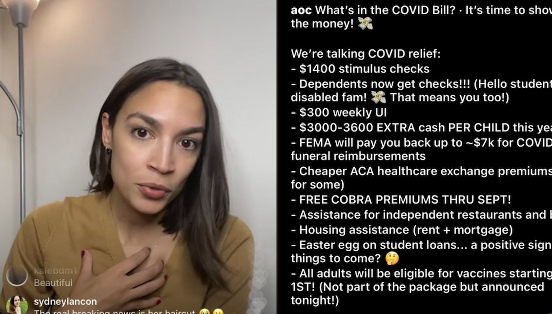 Rep. AOC took to Instagram live on March 11 to explain the American Rescue Plan. Photo: Twitter