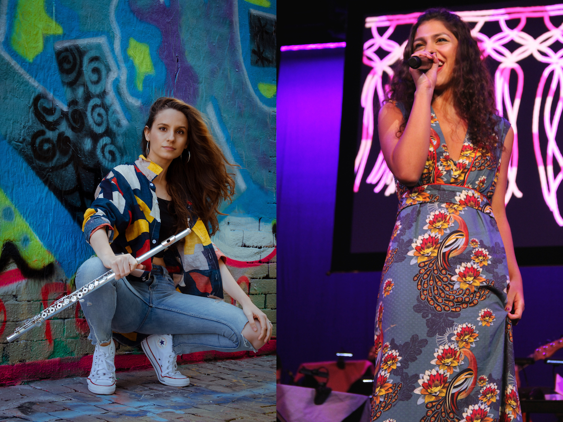 Sheila del Bosque (left) and Alice Macedo (right) pose with their instruments. Photo: Sheila del Bosque and Alice Macedo