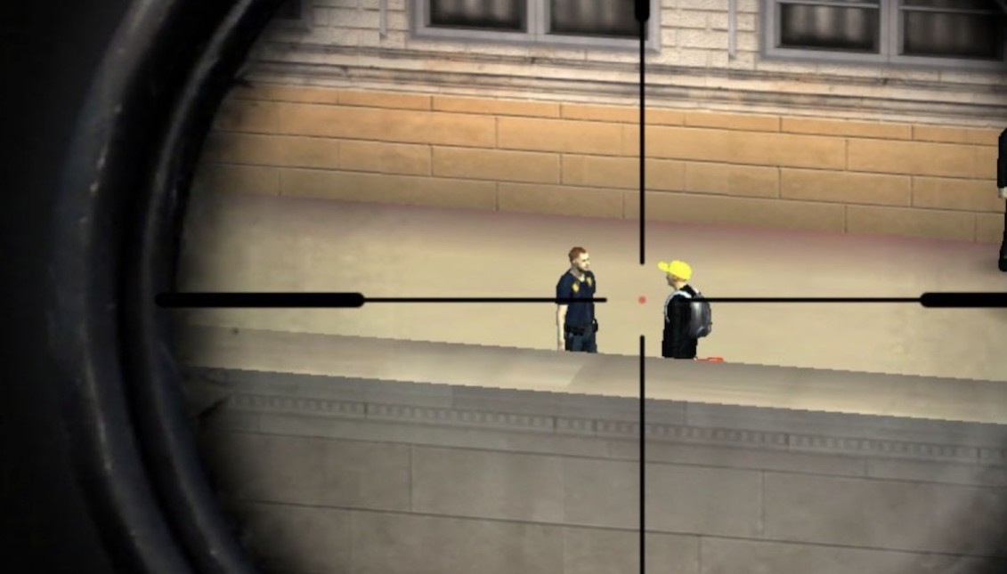 The mobile game "Sniper 3D Assassin," showing the "Breaking News" mission, in which the player is told to kill a journalist who "bribed a cop and will pick up a briefcase from the cop." MUST CREDIT: Angela Fritz/Sniper 3D Assassin