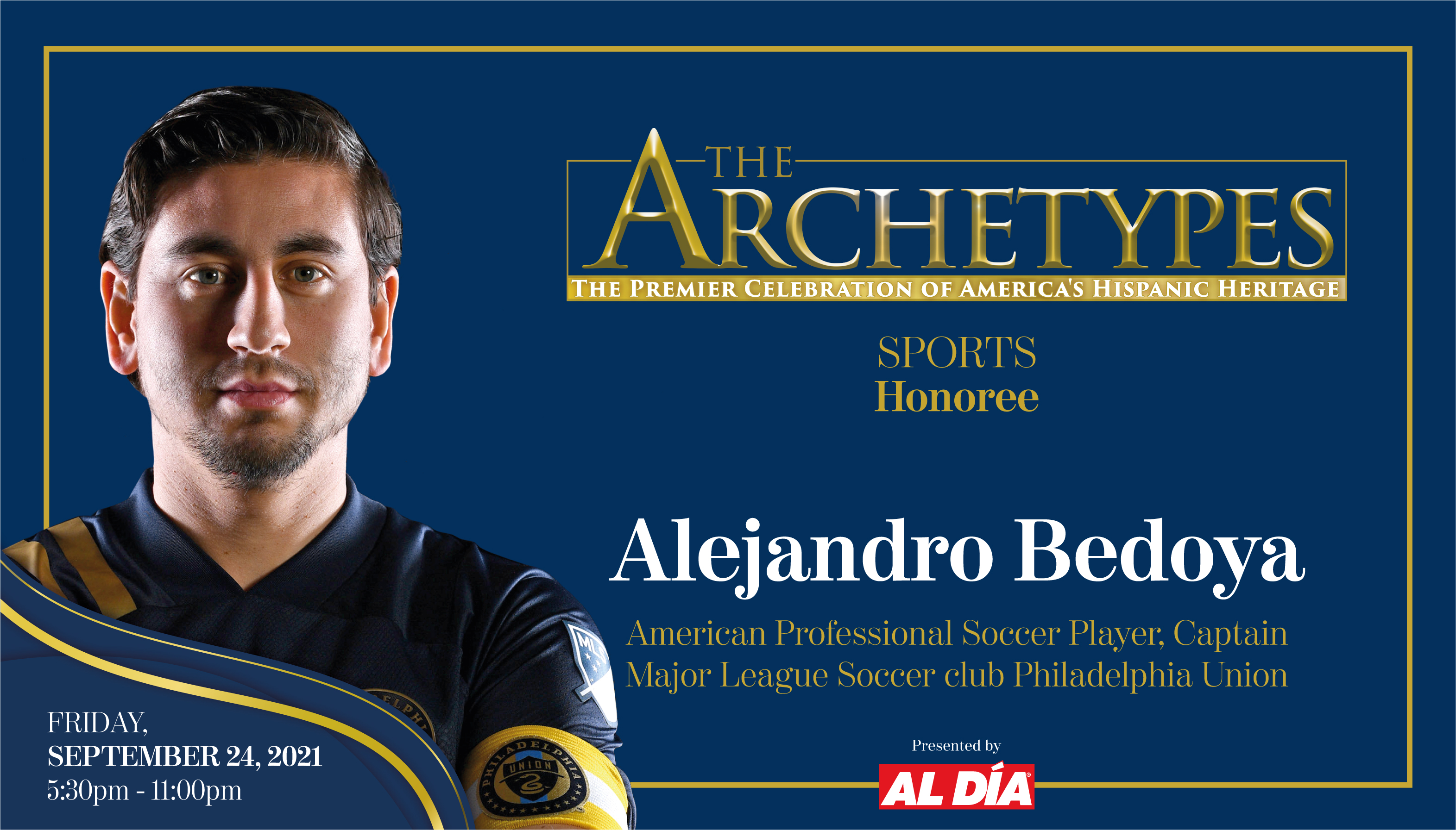 Alejandro Bedoya, professional soccer player and Philadelphia Union captain and midfielder will be a 2021 Ambassador Manuel Torres Award recipient. Graphic: Maybeth Peralta/AL DÍA News. 