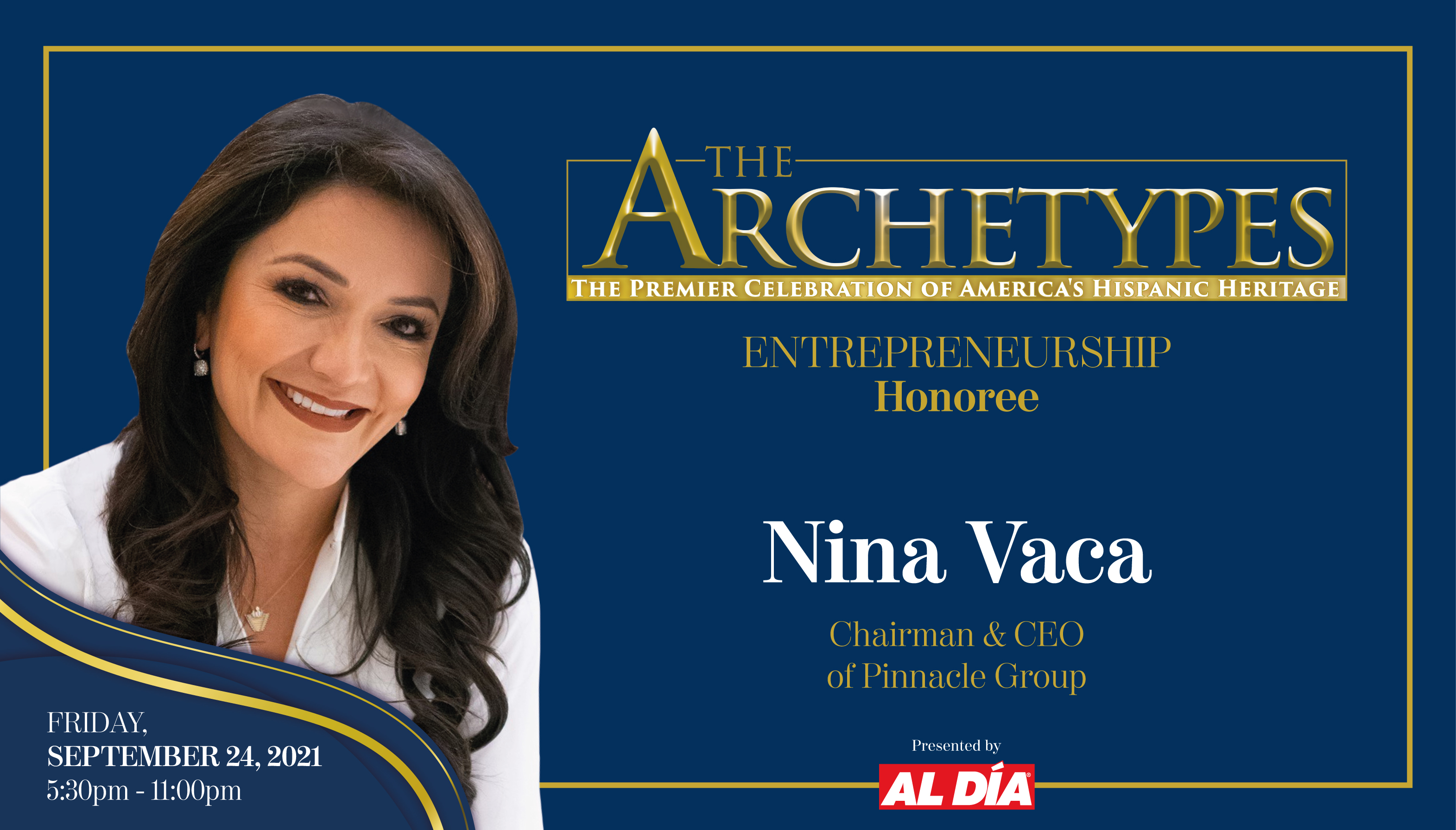 Nina Vaca, Pinnacle Group Founder, Chairman and CEO, will be a 2021 Ambassador Manuel Torres Award recipient. Graphic: Maybeth Peralta/AL DÍA News.