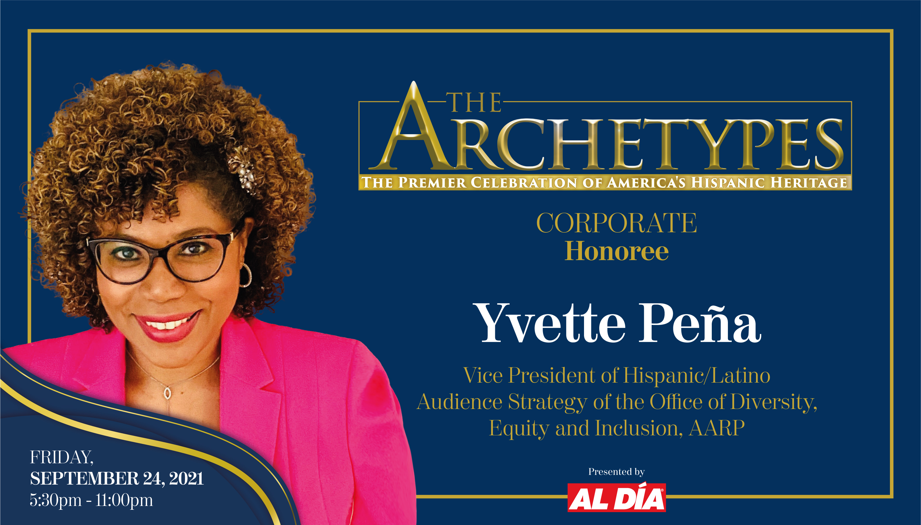 Yvette Peña, Vice President of Hispanic/Latino Audience Strategy in the Office of Diversity, Equity and Inclusion at AARP, will be a 2021 Ambassador Manuel Torres Award recipient. Graphic: Maybeth Peralta/AL DÍA News.