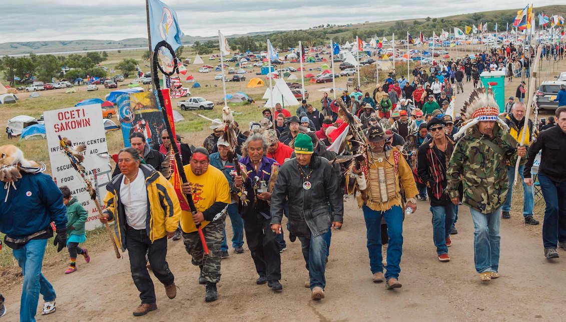 Water Protectors demonstrate against Dakota's crude oil access pipeline near Standing Rock Sioux Reservation in Cannon Ball, North Dakota. Photo: Andrew Cullen/Reuters