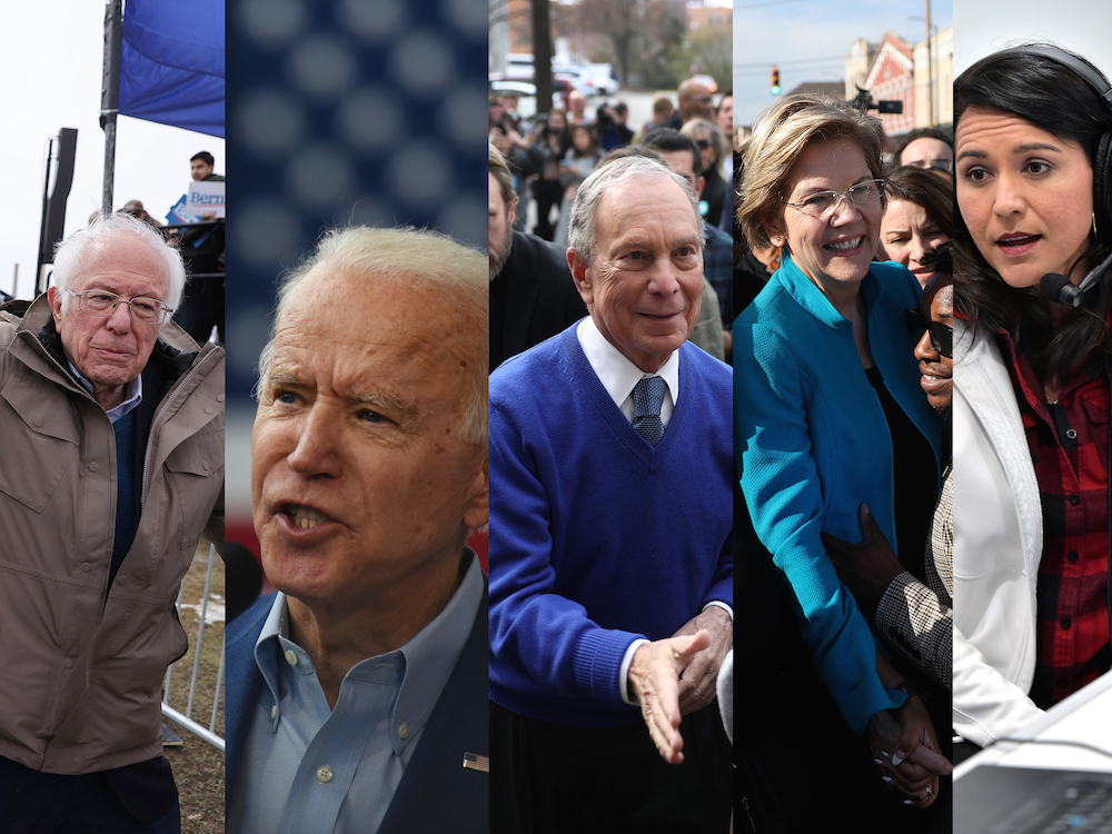 Left to right: Vermont Senator Bernie Sanders, former Vice President Joe Biden, former New York Mayor Mike Bloomberg, Massachusetts Senator Elizabeth Warren, Hawaii representative Tulsi Gabbard. Photos: Joe Raedle, Callaghan O'Hare, Chip Somodevilla/ Getty Images.
