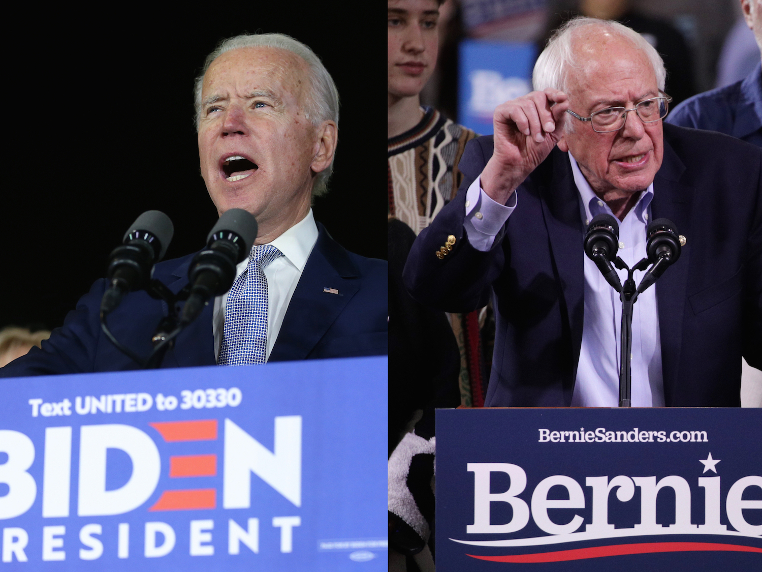 Democratic front-runners Joe Biden and Bernie Sanders speak to supporters on Super Tuesday. Photos: Mario Tama and Alex Wong/Getty Images.
