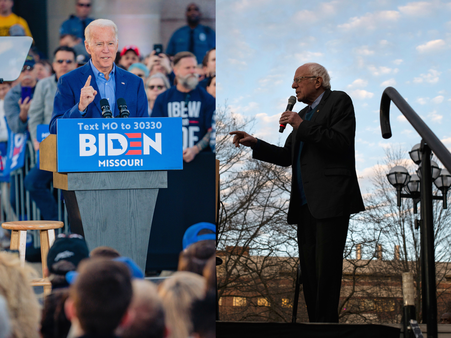 LEFT: Former Vice President Joe Biden speaks to supporters while campaigning in Kansas City, Missouri. RIGHT: Vermont Sen. Bernie Sanders speaks at a rally in Ann Arbor Michigan. Photos: Kyle Rivas (L), Brittany Greeson (R)/Getty Images. 