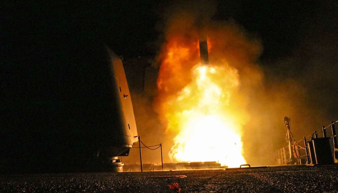 Image of April 14, 2018 provided by the US Navy, which shows the guided cruise missiles. The USS Monterey (CG 61) fires a Tomahawk ground attack missile. EFE / EPA / Matthew Daniels