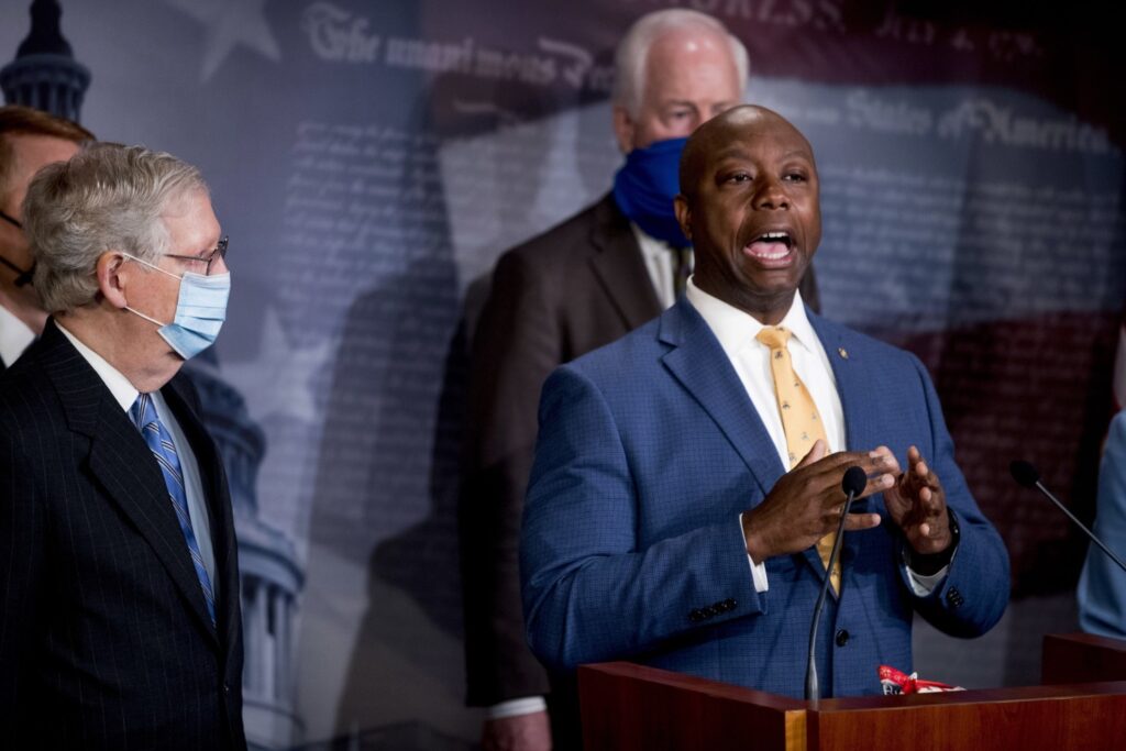 South Carolina Senator Tim Scott at a June 17 press conference announcing the Justice Act. Photo: Andrew Harnik/AP 