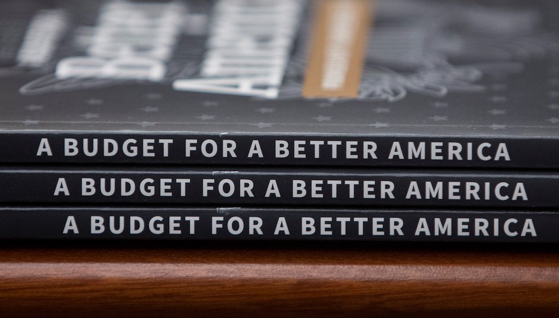 Detail of several copies of volume 1 of the draft budget of the US president, Donad Trump, after being delivered to the Committee on Budgets of Congress, this Monday, at the Capitol, Washington DC (United States). EFE/Michael Reynolds