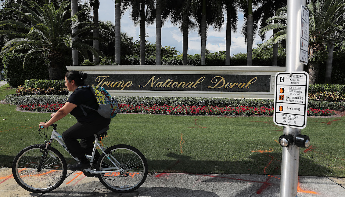 DORAL, FLORIDA - OCTOBER 17: A sign is seen near an entrance to the Trump National Doral golf resort owned by U.S. President Donald Trump's company on October 17, 2019 in Doral, Florida. White House chief of staff Mick Mulvaney announced today that the resort will host the Group of Seven meeting, between the United States, UK, France, Germany, Canada, Japan, Italy, and the EU, and will take place in June of 2020. (Photo by Joe Raedle/Getty Images)