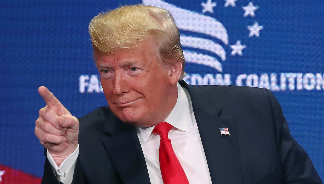 WASHINGTON, DC - JUNE 26: U.S. President Donald Trump gestures to the audience after speaking at the Faith & Freedom Coalition 2019 Road To Majority Policy Conference at the Marriott Wardman Park Hotel, on June 26, 2019, in Washington, DC. (Photo by Mark Wilson/Getty Images)