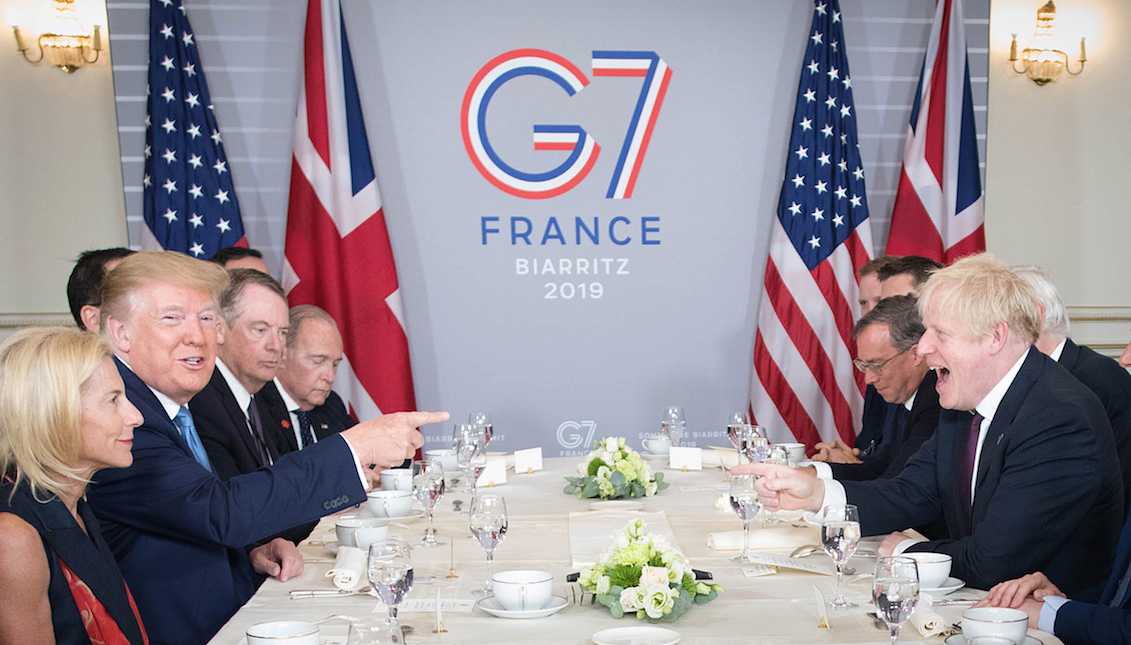 BIARRITZ, FRANCE - AUGUST 25: U.S. President Donald Trump and Britain's Prime Minister Boris Johnson attend a bilateral meeting during the G7 summit on August 25, 2019, in Biarritz, France. (Photo by Stefan Rousseau - Pool/Getty Images)