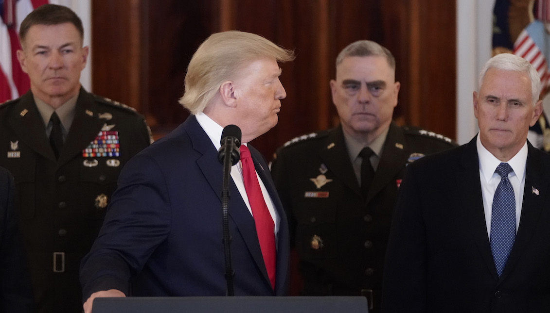 WASHINGTON, DC - JANUARY 08: U.S. President Donald Trump concludes his remarks after speaking from the White House on January 08, 2020 in Washington, DC. (Photo by Win McNamee/Getty Images)