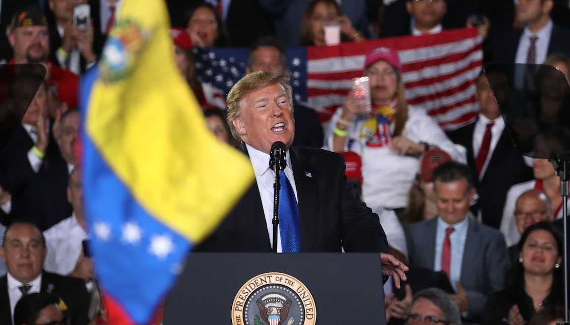 MIAMI, FLORIDA - FEBRUARY 18: President Donald Trump speaks during a rally at Florida International University on February 18, 2019, in Miami, Florida. President Trump talked about the ongoing crisis in Venezuela. (Photo by Joe Raedle/Getty Images)