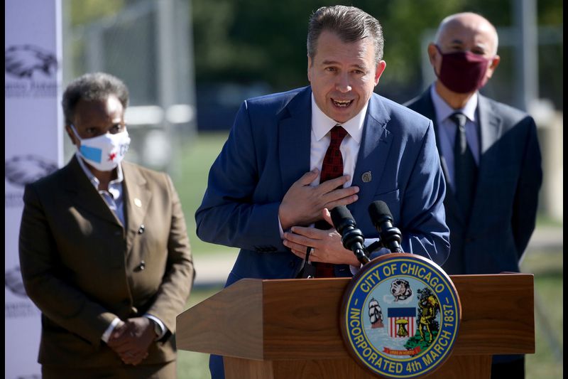 Pedro Martinez speaks during a news conference Sept. 15, 2021, at Benito Juarez Community Academy after being selected by Mayor Lori Lightfoot as the next CEO of Chicago Public Schools. Photo Credit: Antonio Perez/Chicago Tribune.