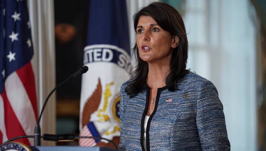 U.S. Ambassador Nikki Haley announces the withdrawal of the United States from the United Nations Human Rights Council at the State Department in Washington on Tuesday. | REUTERS