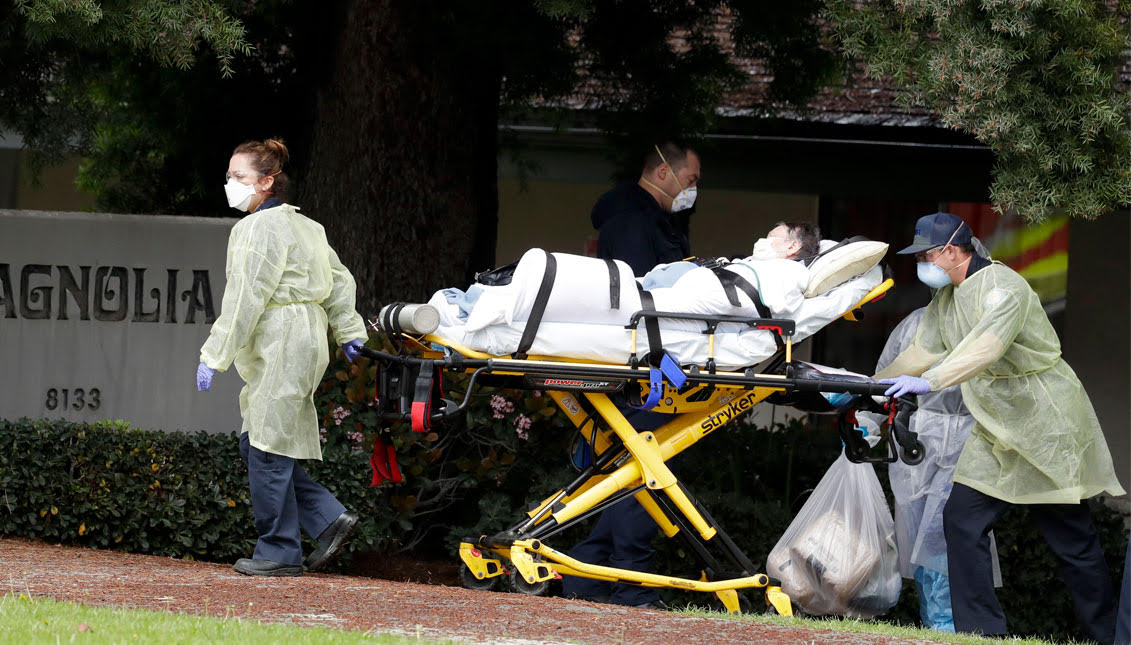 A patient is evacuated from the Magnolia Rehabilitation and Nursing Center in Riverside, Calif., Wednesday, April 8, 2020. More than 80 patients from a Riverside skilled nursing facility are being evacuated this morning to other healthcare locations throughout Riverside County, Calif. Photo: TIME
