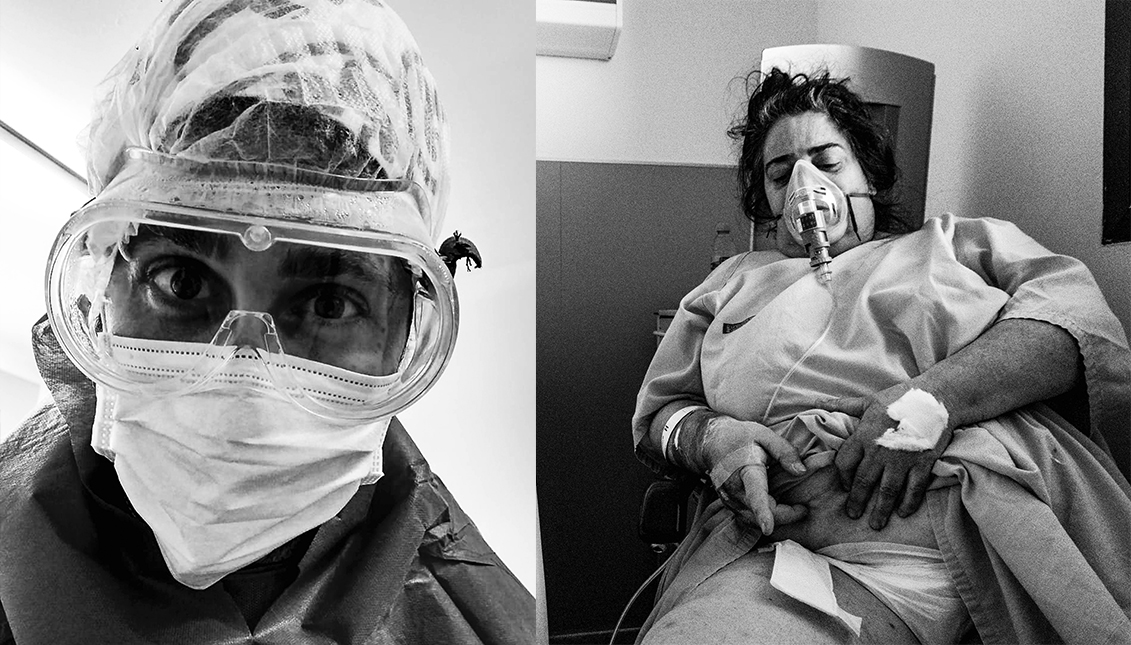 En las imágenes, un enfermero con E.P.I y Silvia Soler ingresada en el hospital. Cortesía del fotógrafo Bóreas Talens Soler.