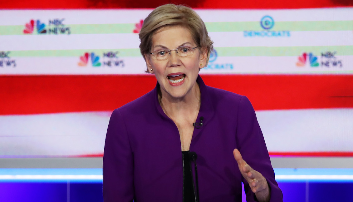 MIAMI, FLORIDA - JUNE 26: Sen. Elizabeth Warren (D-MA) speaks during the first night of the Democratic presidential debate on June 26, 2019, in Miami, Florida. (Photo by Joe Raedle/Getty Images)  