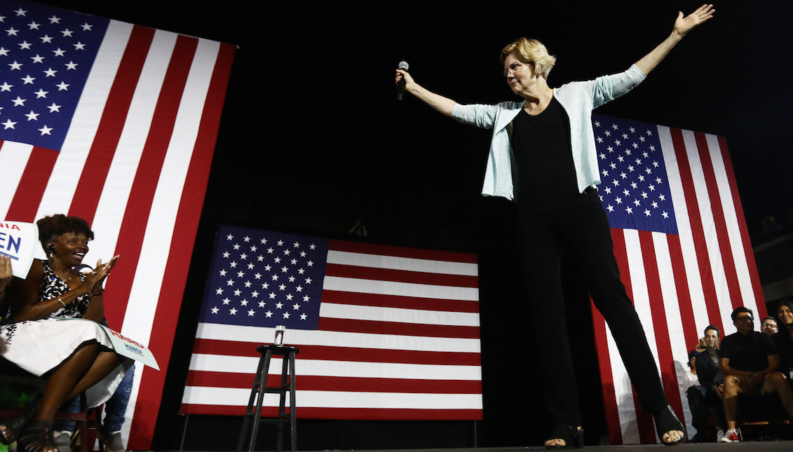 LOS ANGELES, CALIFORNIA - AUGUST 21: Democratic Presidential candidate Senator for Massachusetts Elizabeth Warren prepares to speak during a town hall meeting at Shrine Auditorium on August 21, 2019, in Los Angeles, California. California will join the Super Tuesday primaries on March 3, 2020. (Photo by Mario Tama/Getty Images)