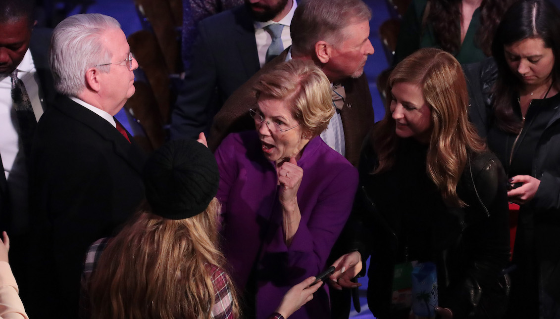 DES MOINES, IOWA - JANUARY 14: Sen. Elizabeth Warren (D-MA) greets audience members after the Democratic presidential primary debate at Drake University on January 14, 2020 in Des Moines, Iowa. (Photo by Scott Olson/Getty Images)