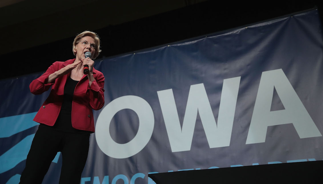 CEDAR RAPIDS, IOWA - JUNE 09: Democratic presidential candidate Senator Elizabeth Warren (D-MA) speaks at the Iowa Democratic Party's Hall of Fame Dinner on June 9, 2019 in Cedar Rapids, Iowa. (Photo by Scott Olson/Getty Images)