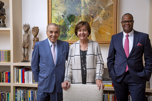 A $5.6 million gift from Leonard Riggio (left) and his wife Louise (center) establishes a scholarship for Black medical students with financial need, which is named in honor of Dr. Kevin Holcomb (right). Photo Credit: John Abbott.