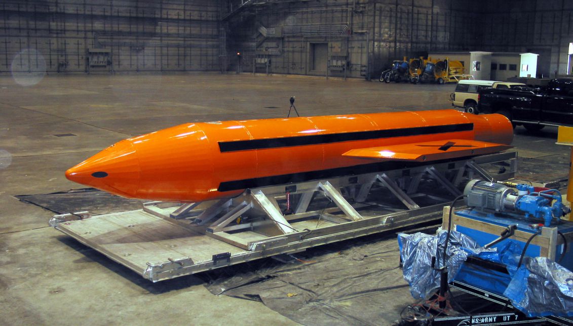 A GBU-43 Massive Ordnance Air Blast (MOAB) bomb being prepared for testing at the Eglin Air Force Armament Center, Florida, USA, on Mar. 11, 2003. EPA/Department of Defense
