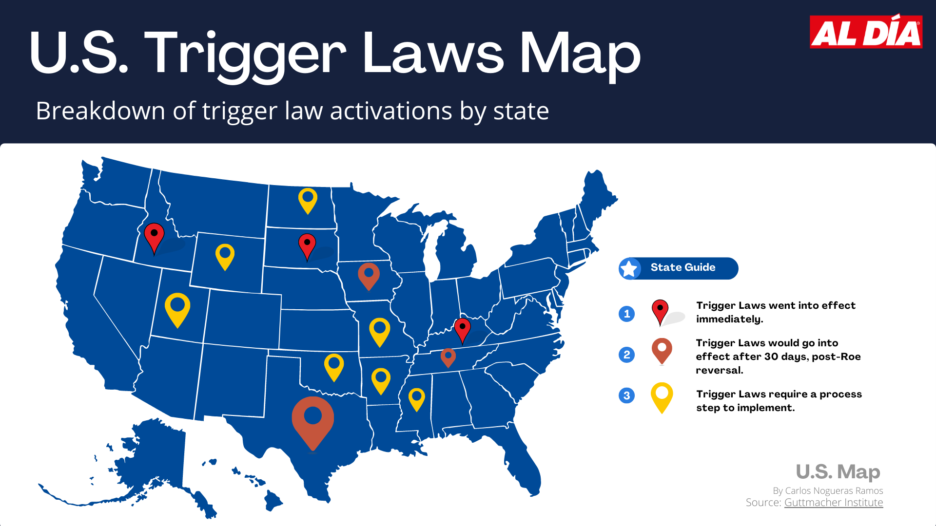 Pictured: Map of the United States. Pinned are the states with trigger laws in place.