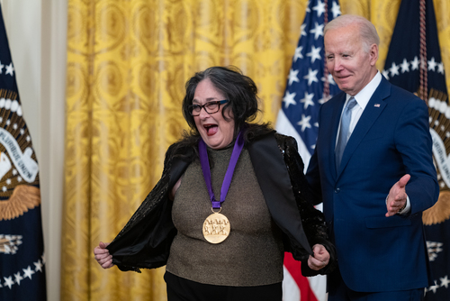 Judith Francesca Baca shows off her deserved medal. Photo @NEAarts.