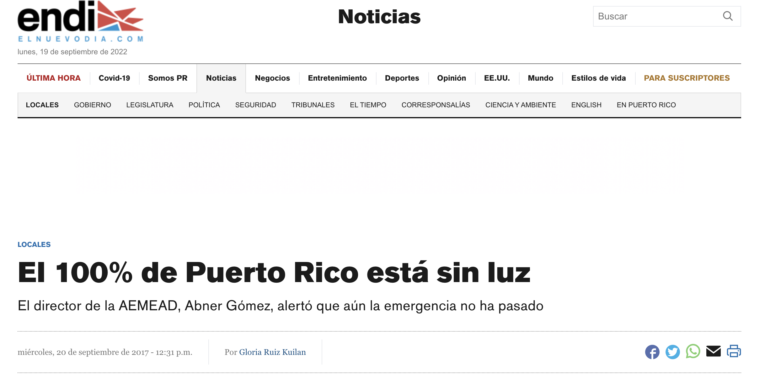 Pictured: 2017 headline in Puerto Rico that read: 100% of the island without power